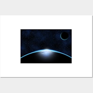 Giant blue planet against starry cosmos sky Posters and Art